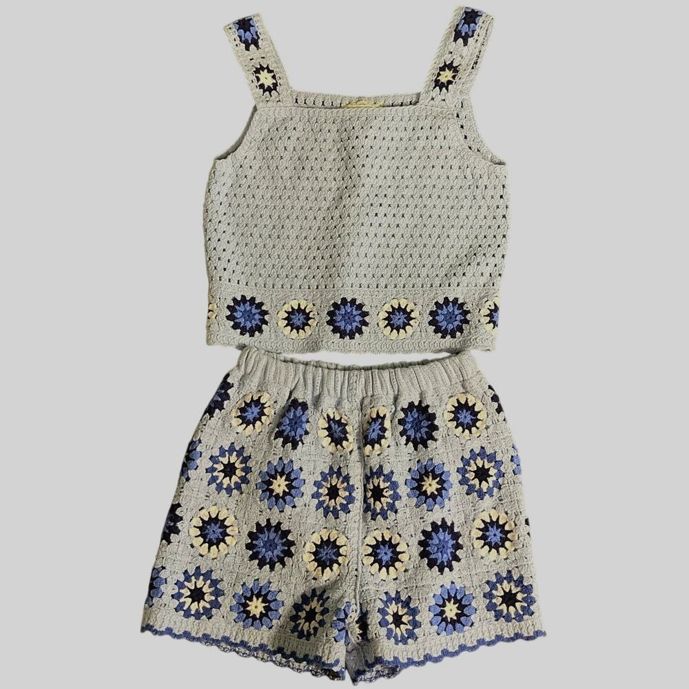 btween Girls Kids Crochet Tank & Shorts Lined Set Light Blue Navy White Size 7